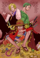 Rule 34 | 3boys, asuma (sorawomai), black hair, blonde hair, crown, food, formal, gold, green hair, hat, jacket, jacket on shoulders, male focus, meat, monkey d. luffy, multiple boys, one piece, pirate, roronoa zoro, sandals, sanji (one piece), smoking, standing, straw hat, suit, sword, treasure, weapon