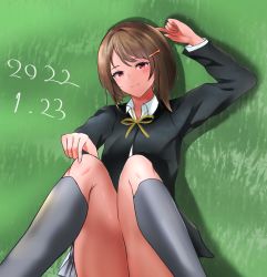 Rule 34 | 1girl, artist name, artist request, bare legs, black jacket, blush, bow, bowtie, breasts, brown hair, buttons, cardigan, checkered clothes, checkered skirt, collared shirt, female focus, grass, grey hair, grey legwear, hair ornament, hairclip, half-closed eyes, highres, jacket, knees up, legs up, light brown hair, long sleeves, looking at viewer, love live!, love live! nijigasaki high school idol club, lying, miniskirt, nail, nail polish, nakasu kasumi, neck ribbon, nijigasaki school uniform, on back, on grass, outdoors, parted lips, pink eyes, pink nails, pink nails, plaid, plaid skirt, pleated skirt, purple eyes, ribbon, school uniform, shirt, short hair, sitting, skirt, small breasts, smile, solo, sweater, sweater vest, vest, white shirt, white skirt, yellow bow, yellow cardigan, yellow ribbon, yellow sweater