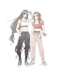 Rule 34 | 2girls, adapted costume, aerith gainsborough, artist name, bare arms, bare shoulders, black hair, black pants, breasts, brown eyes, brown hair, clenched hand, commentary, crop top, drill hair, drill sidelocks, english commentary, final fantasy, final fantasy vii, grey eyes, hand in pocket, hand up, highres, lishiori, long hair, looking at viewer, low-tied long hair, medium breasts, midriff, multiple girls, navel, pants, pink pants, red shirt, shirt, shoes, sidelocks, simple background, smile, sneakers, sports bra, square enix, stomach, tifa lockhart, very long hair, white background, white footwear
