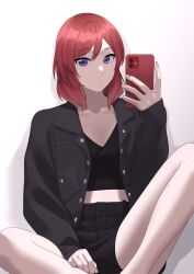 Rule 34 | 1girl, absurdres, black jacket, black shirt, black shorts, cellphone, closed mouth, collarbone, commentary request, hair between eyes, highres, holding, holding phone, jacket, long sleeves, looking at viewer, love live!, love live! school idol project, medium hair, nishikino maki, open clothes, open jacket, phone, purple eyes, red hair, s sho mkrn, shirt, shorts, sitting, smartphone, solo, upper body, white background