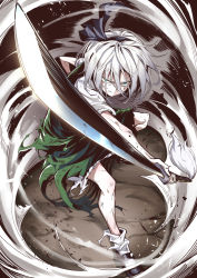 Rule 34 | 1girl, asutora, black footwear, closed mouth, commentary request, dress, fighting stance, foreshortening, green dress, grey hair, hair between eyes, hair ornament, hairband, highres, holding, holding sword, holding weapon, katana, konpaku youmu, looking at viewer, shirt, shoes, short hair, socks, solo, standing, sword, torn clothes, touhou, weapon, white hair, white shirt