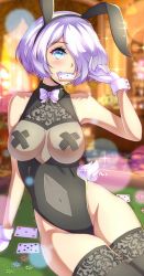 Rule 34 | 1girl, animal ears, anisdrawn, arm support, blue eyes, bow, bowtie, breasts, card, card in mouth, casino, casino card table, clothing cutout, covered erect nipples, eyelashes, gloves, hair over eyes, highres, index finger raised, large breasts, lens flare, leotard, looking at viewer, mouth hold, navel, navel cutout, nier (series), nier:automata, pasties, playboy bunny, playing card, rabbit ears, short hair, signature, sitting, solo, sparkle, table, tape, tape on nipples, thighhighs, thighs, white gloves, white hair, 2b (nier:automata)