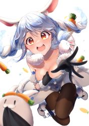 Rule 34 | 1girl, :3, absurdres, animal ear fluff, animal ears, black gloves, black pantyhose, blue hair, braid, breasts, bridal garter, carrot, carrot hair ornament, chasing, coat, coat dress, collarbone, detached sleeves, dress, food-themed hair ornament, fur-trimmed coat, fur-trimmed gloves, fur trim, gloves, hair ornament, hand on own chest, highres, hikimayu, hololive, hololive fantasy, legs up, leotard, long hair, looking at viewer, mary janes, mikazuki mika, mouth hold, multicolored hair, orange eyes, outstretched arm, pantyhose, puffy short sleeves, puffy sleeves, rabbit ears, rabbit girl, shoes, short eyebrows, short sleeves, simple background, small breasts, solo, strapless, strapless coat, strapless dress, strapless leotard, sweat, tearing up, twin braids, twintails, two-tone hair, usada pekora, usada pekora (1st costume), virtual youtuber, water drop, white background, white coat, white footwear, white hair, white sleeves