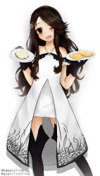 Rule 34 | 1girl, acetylcholine, agnes oblige, black gloves, bravely default (series), breasts, brown eyes, brown hair, collar, dress, food, gloves, hairband, highres, long hair, simple background, small breasts, smile, solo, white background, white dress