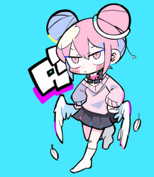 Rule 34 | 1girl, angel wings, ankle socks, black bow, black bowtie, black skirt, blue background, blush stickers, bow, bowtie, closed mouth, commentary request, datenshi-chan (nanawo akari), double bun, feathered wings, feathers, full body, hair between eyes, hair bun, hands on own hips, indie utaite, light frown, long sleeves, looking ahead, miniskirt, nanawo akari, pink eyes, pink hair, pink sleeves, pink sweater, pleated skirt, shirt, short hair, simple background, skirt, socks, solo, sweater, terada tera, utaite, v-neck, v-shaped eyebrows, white shirt, white socks, white wings, wings