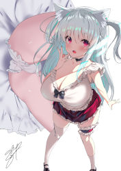 Rule 34 | 1girl, absurdres, animal ear fluff, animal ears, arm at side, ass, asymmetrical legwear, bad id, bad pixiv id, black bow, black choker, bow, breasts, bridal garter, cat ears, cat girl, choker, cleavage, frilled panties, frilled shirt, frilled skirt, frills, from above, hand to own mouth, heart, heart choker, highres, huge breasts, large breasts, miniskirt, multiple views, noto kurumi, original, panties, pleated skirt, red eyes, red skirt, shirt, signature, simple background, single sock, single thighhigh, skirt, sleeveless, sleeveless shirt, socks, standing, thighhighs, two side up, underwear, uneven legwear, white background, white panties, white shirt