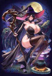 Rule 34 | 1girl, absurdres, bare shoulders, black hair, breasts, bridal gauntlets, cauldron, cleavage, commission, detached collar, dress, gomi (hakumaiteacher), hat, high heels, highres, house, huge breasts, long hair, moon, nail polish, night, original, skeb commission, solo, staff, strapless, strapless dress, thighhighs, very long hair, witch, witch hat