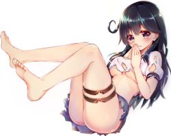 Rule 34 | 10s, 1girl, ass, barefoot, black eyes, black hair, blue skirt, blush, breasts, feet, full body, kantai collection, legs up, long hair, looking at viewer, medium breasts, midriff, no panties, own hands together, pleated skirt, puffy short sleeves, puffy sleeves, school uniform, serafuku, short sleeves, simple background, skirt, solo, suishin tenra, suitenjh, tears, torn clothes, underboob, ushio (kancolle), white background
