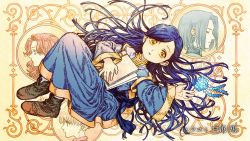 Rule 34 | blue dress, blue hair, book, character request, dress, ferdinand (honzuki no gekokujou), highres, holding, holding book, honzuki no gekokujou, long hair, looking at viewer, myne (honzuki no gekokujou), multiple boys, multiple girls, shirahama kamome, shoes, source request, translation request, yellow background, yellow eyes
