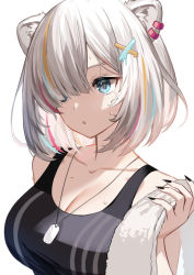 Rule 34 | 1girl, :o, animal ears, bad id, bad pixiv id, black nails, blonde hair, blue eyes, blue hair, breasts, cleavage, collarbone, commentary request, dog tags, hair over one eye, highres, hololive, kiki-yu, lion ears, lion girl, medium breasts, multicolored hair, nail polish, red hair, shishiro botan, shishiro botan (button-down), short hair, simple background, solo, sweat, towel, upper body, virtual youtuber, white background, white hair