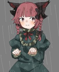 Rule 34 | 1girl, animal ears, blunt bangs, bow, braid, cat ears, clenched hand, clenched hands, dress, eyebrows hidden by hair, floral print, green dress, hair bow, highres, iroha-kuro, kaenbyou rin, light smile, looking at viewer, paw pose, rain, red eyes, red hair, solo, touhou, twin braids