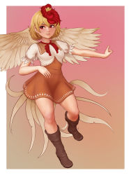 Rule 34 | 1girl, aethos, bird, bird tail, bird wings, blonde hair, boots, breasts, brown footwear, chick, dress, feathered wings, full body, gradient background, hair between eyes, highres, index finger raised, layered dress, light smile, looking away, multicolored hair, neck ribbon, niwatari kutaka, outstretched arm, puffy short sleeves, puffy sleeves, red eyes, red hair, red ribbon, ribbon, short sleeves, simple background, small breasts, solo, standing, standing on one leg, tail, touhou, two-tone dress, two-tone hair, wings