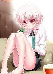 Rule 34 | 1girl, black neckwear, blouse, blush, braid, breasts, commentary, commentary request, eating, hair censor, hirari minase, holy breaker!, knees up, long sleeves, looking at viewer, pout, red eyes, shirt, short hair, side braid, single braid, sitting, small breasts, solo, white hair, white shirt, zen