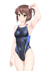 Rule 34 | 1girl, absurdres, arm up, armpits, black one-piece swimsuit, black ribbon, breasts, brown hair, cameltoe, commission, competition swimsuit, covered navel, etou kanami, hair ribbon, highres, looking at viewer, multicolored clothes, multicolored swimsuit, one-piece swimsuit, one side up, ribbon, short hair, simple background, skeb commission, small breasts, solo, swimsuit, takafumi, toji no miko, white background