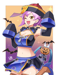 Rule 34 | 2girls, ;d, anger vein, bat (animal), black skirt, black sleeves, blue footwear, bowieknife, breasts, brown thighhighs, chinese clothes, cleavage, cleavage cutout, clothing cutout, commentary request, cropped shirt, detached sleeves, earrings, fang, gal modeler kasuko-chan, halloween, halloween costume, hat, high heels, jack-o&#039;-lantern, jewelry, jiangshi costume, kanda sumire (character), layered sleeves, leg up, long hair, long sleeves, looking at viewer, medium breasts, microskirt, midriff, motion lines, multiple girls, navel, nipako, ofuda, one eye closed, open mouth, purple hair, qingdai guanmao, sailor collar, sailor shirt, shirt, short hair, short over long sleeves, short sleeves, skin fang, skirt, sleeveless, sleeveless shirt, sleeves past fingers, sleeves past wrists, smile, standing, standing on one leg, stud earrings, thighhighs, twintails, yellow eyes