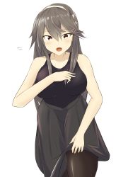 Rule 34 | absurdres, bare shoulders, black pantyhose, black shirt, breasts, brown eyes, clothes lift, cowboy shot, grey hair, grey skirt, hair between eyes, hair ornament, hairband, hairclip, hand on own chest, haruna (kancolle), highres, jewelry, kantai collection, large breasts, lifting own clothes, long hair, long skirt, minoa 11touhei, official alternate costume, pantyhose, ring, shirt, simple background, skirt, skirt lift, sleeveless, sleeveless shirt, solo, tsurime, twitter username, wedding band, white background, white hairband