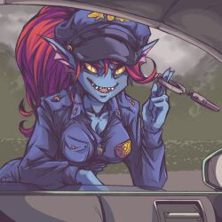 Rule 34 | 1girl, bent over, blue skin, breasts, car interior, colored sclera, colored skin, cuffs, deltarune, fins, handcuffs, head fins, highres, large breasts, open mouth, plague of gripes, police, police uniform, policewoman, ponytail, pov, red hair, sharp teeth, slit pupils, smile, solo, teeth, undertale, undyne, uniform, yellow sclera