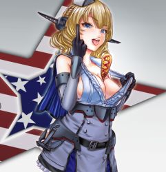 Rule 34 | 1girl, anchor, between breasts, black gloves, blonde hair, blue eyes, braid, breasts, capelet, cleavage, colorado (kancolle), corn dog, cowboy shot, dress, elbow gloves, garrison cap, gloves, grey capelet, grey dress, grey gloves, grey hat, hat, headgear, kantai collection, large breasts, middle finger, pleated dress, shirt, short hair, side braids, sideboob, sleeveless, solo, standing, white shirt, yamatoshi