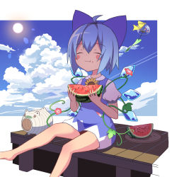 Rule 34 | 1girl, :t, ahoge, arms up, barefoot, blue dress, blue hair, blue sky, blush stickers, cirno, closed eyes, cloud, commentary, day, dress, eating, flower, food, foot out of frame, fruit, hair ribbon, highres, holding, holding food, kayari buta, leg lift, lens flare, morning glory, outdoors, pinafore dress, puffy short sleeves, puffy sleeves, ribbon, shirt, short dress, short hair, short sleeves, sitting, sky, sleeveless dress, solo, sun, touhou, tsuri buta, watermelon, white shirt, wind chime, wings