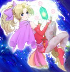 Rule 34 | 1990s (style), 1girl, ass, blonde hair, blue eyes, bow, bracelet, breasts, cape, crystal, detached sleeves, dress, earrings, elbow gloves, female focus, final fantasy, final fantasy vi, gloves, hair ribbon, high heels, jewelry, kkokko, koikerosetta, long hair, looking back, pantyhose, ponytail, purple ribbon, ribbon, shoes, solo, strapless, strapless dress, tina branford