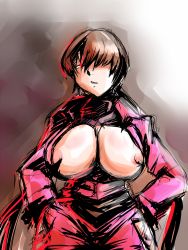 Rule 34 | 1girl, areola slip, breasts, breasts out, brown hair, cleavage, hair over eyes, hands on own hips, hip focus, huge breasts, jacket, long hair, nipples, no bra, open clothes, open jacket, rickert kai, shermie (kof), skirt, snk, solo, the king of fighters, twintails, very long hair, wide hips