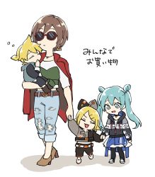 Rule 34 | 1boy, 3girls, aged down, aqua eyes, belt, black bow, black hoodie, black shirt, blonde hair, blue vest, bow, brown hair, bubble, carrying, child, closed eyes, commentary, denim, earrings, expressionless, grey bow, grey shirt, hair ornament, hairclip, hatsune miku, hazuki 015, highres, holding hands, holding person, hood, hoodie, jacket, jacket on shoulders, jeans, jewelry, kagamine len, kagamine rin, long hair, meiko (vocaloid), multiple girls, pants, project sekai, red jacket, shirt, short hair, short ponytail, shorts, sleeping, smile, spiked hair, sunglasses, swept bangs, torn clothes, torn jeans, torn pants, translated, twintails, two-tone bow, two-tone shirt, vest, vivid bad squad len, vivid bad squad meiko, vivid bad squad miku, vivid bad squad rin, vocaloid, white background, white shirt