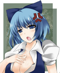 Rule 34 | anger vein, blue eyes, blue hair, bow, breasts, circussion, cirno, cleavage, hair bow, large breasts, aged up, short hair, solo, touhou