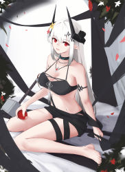 Rule 34 | 1girl, :d, absurdres, albino, apple, arknights, armlet, bare shoulders, barefoot, bikini, black bikini, breasts, cleavage, collarbone, dd (897671246), food, fruit, hammer, highres, holding, holding food, holding fruit, horns, infection monitor (arknights), jewelry, large breasts, long hair, looking at viewer, mudrock (arknights), mudrock (silent night) (arknights), navel, necklace, official alternate costume, open mouth, petals, pointy ears, red eyes, sarong, sidelocks, sitting, smile, solo, swimsuit, very long hair, wariza, white hair