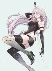 Rule 34 | 1girl, bare shoulders, blue eyes, collarbone, covered navel, elbow gloves, gloves, groin, high heels, joints, katana, mole, mole under mouth, nier (series), nier:automata, robot joints, sami (3a3i3a3i), silver hair, sword, thighhighs, weapon, a2 (nier:automata)