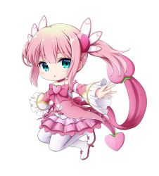 Rule 34 | 1girl, :o, blue eyes, boots, bow, chibi, chiyoda momo, detached sleeves, full body, hair between eyes, high heel boots, high heels, kuena, layered skirt, long sleeves, looking at viewer, machikado mazoku, magical girl, parted lips, pink bow, pink hair, pink skirt, pink sleeves, pleated skirt, simple background, skirt, sleeves past wrists, solo, thigh boots, thighhighs, twintails, white background, white footwear, white thighhighs, wide sleeves