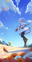 Rule 34 | 1girl, absurdres, black pantyhose, blue sky, blurry, blurry foreground, boots, brown footwear, capelet, cloud, commentary request, earrings, elf, field, floating, flower, flower field, frieren, full body, gomashiwo o, green eyes, highres, holding, holding staff, house, jewelry, levitation, long hair, long sleeves, mage staff, mountain, mountainous horizon, orange flower, outdoors, pantyhose, petals, pointy ears, sky, smile, solo, sousou no frieren, staff, twintails, white capelet, white flower, white hair