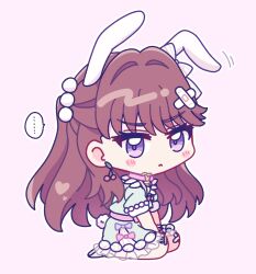 Rule 34 | ..., 1girl, :&lt;, animal ears, aqua dress, blush, brown hair, check commentary, cherry earrings, chibi, chibi only, choker, closed mouth, commentary request, dress, earrings, food-themed earrings, food themed earrings, frilled dress, frills, frown, fujishima megumi, hakuchu a la mode (love live!), heart, heart choker, heart o-ring, highres, jewelry, link! like! love live!, long sleeves, looking at viewer, looking to the side, love live!, medium dress, o-ring, o-ring choker, pink background, pink choker, puffy short sleeves, puffy sleeves, purple eyes, rabbit ears, rabbit girl, rabbit tail, short sleeves, simple background, solo, spoken ellipsis, tail, two side up, v-shaped eyebrows, virtual youtuber, watagemodoki