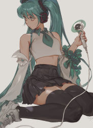 Rule 34 | 1girl, aqua hair, aqua necktie, bare shoulders, black skirt, black thighhighs, breasts, brown eyes, closed mouth, crop top, detached sleeves, frilled sleeves, frills, hatsune miku, headphones, high-waist skirt, highres, holding, holding microphone, long hair, long sleeves, looking away, looking back, microphone, morry, necktie, pleated skirt, shoes, simple background, sitting, skirt, small breasts, sneakers, solo, thighhighs, twintails, very long hair, vocaloid, wariza, white background, white footwear, wide sleeves, zettai ryouiki