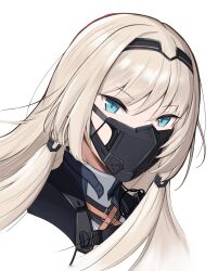 Rule 34 | 1girl, an-94 (girls&#039; frontline), black mask, blonde hair, blue eyes, citrus7763, commentary, cropped shoulders, girls&#039; frontline, hairband, highres, looking at viewer, looking to the side, mask, simple background, solo, white background