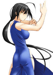 Rule 34 | 1girl, ahoge, ass, black hair, china dress, chinese clothes, dress, fighting stance, highres, long hair, niwatazumi, original, ponytail, smile, solo, very long hair, yellow eyes