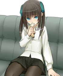 Rule 34 | 1girl, aqua eyes, bad id, bad pixiv id, banana, black hair, couch, eating, flat chest, food, fruit, green eyes, hair ribbon, holding, holding food, holding fruit, motion lines, original, osaru (yuuen-dou), pantyhose, pinky out, pleated skirt, ribbon, sexually suggestive, shino (osaru), sitting, skirt, solo, thighs, twintails