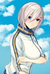 Rule 34 | 10s, 1girl, alternate costume, bad id, bad pixiv id, blue eyes, blush, breasts, female focus, hair ornament, hair over one eye, hairclip, hamakaze (kancolle), jacket, kantai collection, large breasts, looking at viewer, shisei (kyuushoku banchou), short hair, silver hair, solo, track jacket