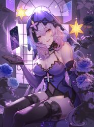 Rule 34 | 1girl, :d, absurdres, bangle, bare shoulders, black gloves, black swan (honkai: star rail), black thighhighs, blue flower, bracelet, breasts, card, cleavage, commentary request, covered navel, elbow gloves, feet out of frame, flower, gloves, highres, honkai: star rail, honkai (series), indoors, jewelry, large breasts, long hair, looking at viewer, nyansan oekaki, open mouth, purple eyes, purple hair, purple theme, sitting, smile, solo, thighhighs, veil, very long hair