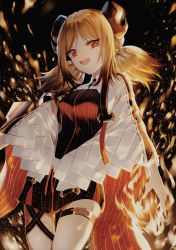 Rule 34 | 1girl, absurdres, arknights, black background, blonde hair, cloak, commentary, dress, embers, fang, fire, grin, head tilt, headgear, highres, horns, ifrit (arknights), laughing, long sleeves, looking at viewer, miniskirt, mukaend, nail polish, open mouth, pants, red eyes, short dress, short hair, short twintails, sidelocks, skirt, smile, solo focus, strap, thigh strap, thighs, twintails, white pants, wide sleeves