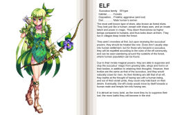 Rule 34 | 1girl, arrow (projectile), blue eyes, bow (weapon), character profile, elf, elf (monster girl encyclopedia), english text, flower, green hair, hard-translated, high heels, kenkou cross, leaf clothing, long hair, monster girl, monster girl encyclopedia, official art, pointy ears, sandals, sheath, sheathed, shoes, solo, sword, third-party edit, translated, weapon