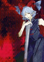 Rule 34 | 1girl, blue dress, commentary request, cowboy shot, curled horns, detached sleeves, dress, flat chest, grey hair, highres, horns, looking at viewer, meandros, medium bangs, oiviie, one eye closed, open mouth, patterned clothing, pointy ears, red background, red eyes, red horns, sharp teeth, sheep horns, short hair, sleeveless, sleeveless dress, smile, solo, striped background, teeth, touhou, toutetsu yuuma