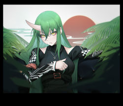 Rule 34 | 1girl, animal ears, arknights, bare shoulders, belt, black belt, black border, black jacket, border, breasts, colored inner hair, fei mao, green hair, hair between eyes, highres, horns, hoshiguma (arknights), hoshiguma (ronin huntress) (arknights), jacket, jewelry, letterboxed, light green hair, long hair, long sleeves, looking at viewer, medium breasts, multicolored hair, necklace, official alternate costume, parted lips, pillarboxed, plant, single horn, skin-covered horns, sleeveless, solo, upper body, yellow eyes