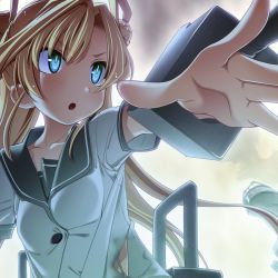 Rule 34 | 10s, 1girl, abukuma (kancolle), blonde hair, blue eyes, blush, kantai collection, long hair, open mouth, outstretched arm, outstretched hand, sakuya tsuitachi, school uniform, serafuku, solo, torn clothes, twintails