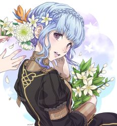 Rule 34 | 1girl, back, blue hair, blush, bouquet, braid, breasts, buttons, commentary request, crown braid, epaulettes, fire emblem, fire emblem: three houses, flower, garreg mach monastery uniform, hair between eyes, hair flower, hair ornament, holding, holding flower, long sleeves, looking at viewer, looking back, marianne von edmund, medium breasts, mojakkoro, nail, nail polish, nintendo, open mouth, orange flower, parted lips, petals, pink nails, purple eyes, short hair, short hair with long locks, signature, uniform, white flower, white petals