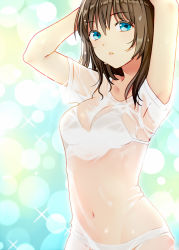 Rule 34 | 1girl, armpits, arms up, bad id, bad pixiv id, blue eyes, bra, brown hair, clarinet (natsumi3230), collarbone, kurata rine, long hair, looking at viewer, navel, original, parted lips, see-through, short hair, simple background, solo, stomach, underwear, underwear only, upper body, wet, white bra