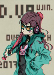 Rule 34 | absurdres, alternate costume, baseball bat, brown hair, character name, chromatic aberration, copyright name, cowboy shot, d.va (overwatch), dated, delinquent, highres, holding, holding baseball bat, long hair, orange-tinted eyewear, overwatch, overwatch 1, rabbit, solo, sunglasses, tinted eyewear, you ren