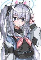 Rule 34 | 1girl, animal ears, arm at side, belt, blue archive, blue shirt, blush, bulletproof vest, detached sleeves, earpiece, fake animal ears, gloves, grey eyes, grey hair, hair intakes, halo, hand up, long hair, long sleeves, miyako (blue archive), neckerchief, open mouth, pink neckerchief, rabbit ears, ruo (wakasagi c), shirt, side ponytail, simple background, solo, upper body, utility belt, v, white background
