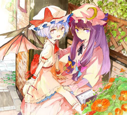 Rule 34 | 2girls, ascot, bat wings, bench, blue hair, book, bow, crescent, unworn eyewear, female focus, flower, glasses, hair bow, hat, long hair, multiple girls, nature, ogawa maiko, open mouth, outdoors, patchouli knowledge, purple eyes, purple hair, red eyes, remilia scarlet, short hair, sidelocks, sitting, sitting on lap, sitting on person, spread legs, embodiment of scarlet devil, touhou, wings, wrist cuffs