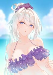 1boy 1girl absurdres ahoge bare_shoulders bikini blue_eyes blue_sky blurry blurry_background breasts captain_(honkai_impact) cleavage cloud collarbone commentary day devi_hendita grabbing_another&#039;s_breast groping hair_intakes hair_ornament hair_scrunchie hetero highres honkai_(series) honkai_impact_3rd kiana_kaslana long_hair looking_at_viewer parted_lips purple_bikini purple_scrunchie scrunchie second-party_source sky solo_focus stomach swimsuit upper_body very_long_hair white_hair