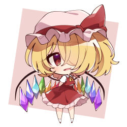 Rule 34 | 1girl, absurdres, arms behind back, blonde hair, chibi, crystal, flandre scarlet, full body, hair over one eye, hat, hat ribbon, highres, looking at viewer, medium hair, misosiru 0224, mob cap, neck ribbon, one side up, open mouth, pink background, pink hat, red eyes, red ribbon, red skirt, red vest, ribbon, sharp teeth, shirt, short sleeves, skirt, smile, socks, solo, teeth, touhou, vest, white background, white shirt, white socks, wings, yellow ribbon